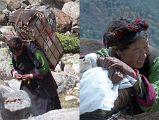 8 3 Very Strong Egg Lady Our Tibetan woman was effortlessly carrying a metre high box in a metal carrying container. When we stopped for a rest, she stopped too. We asked Kumar what was in the box she was carrying, and he told us, �Eggs.� Immediately Chris nicknamed her �The Egg Lady�. Chris used sign language to ask the Egg Lady if he could try lifting her load, and she smiled yes. He strained with all his strength but could just barely lift it off the ground, yet alone put it on his back and hike with us. �Man, that thing weighs a ton; she�s amazingly strong!� Chris said. He smiled back to the Egg Lady acknowledging her strength.
